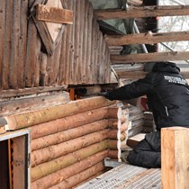 Restaurering af bjælkehytte fra 1800 tallet. Der anvendes tømmerstokke af danske vinterfældede granrafter.